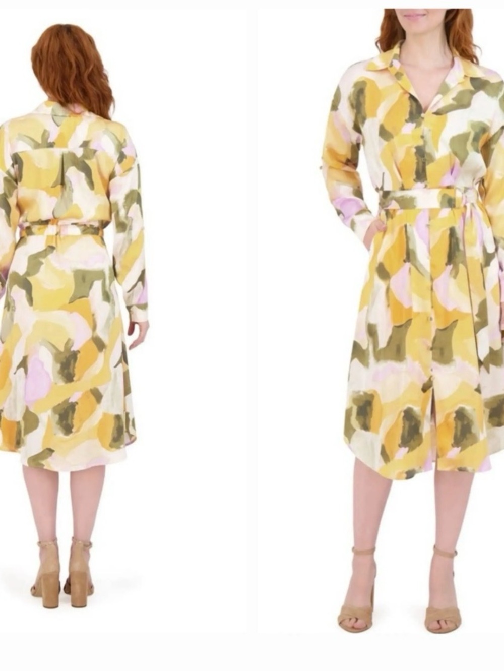 French Connection Watercolor Midi Shirt Dress in Yellow, Olive & Pink